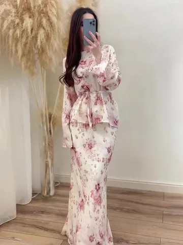 Women Vintage Floral Long Sleeve Long Dress Set Two Piece Casual Elegant Sweet Suit Spring Summer Fashion Apparel