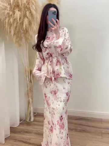 Women Vintage Floral Long Sleeve Long Dress Set Two Piece Casual Elegant Sweet Suit Spring Summer Fashion Apparel