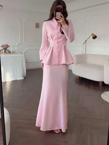 Women's Retro Elegant Solid Color Long Sleeve Blouse And Mermaid Skirt Suit Set Vintage Polyester Casual Outfit