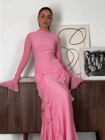 Womens Long Sleeve High Neck Ruffle Maxi Dress Elegant Vintage Palace Style Polyester Slim Fit Long Dresses Spring Apparel