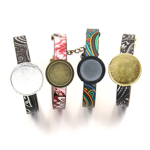 Legierung Rund Cabochon Lünette Basis Schale PU Leder Armband Herstellung Komponenten Für DIY Schmuck Zubehör Blank Einstellungen Handwerk