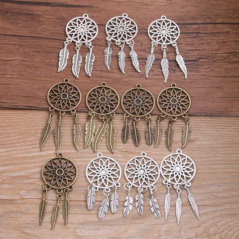 DIY Alloy Dream Catcher Feather Pendants Hollow Round Charms Antique Silver And Bronze Jewelry Making Accessories
