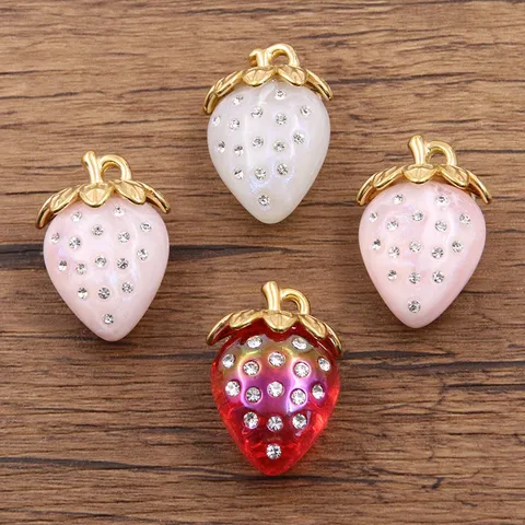 Colgante Abalorio de Fresa 3D Chapado en Oro de Acero Inoxidable 304 con Estrás Joyería de Fruta Linda Accesorio de Collar DIY