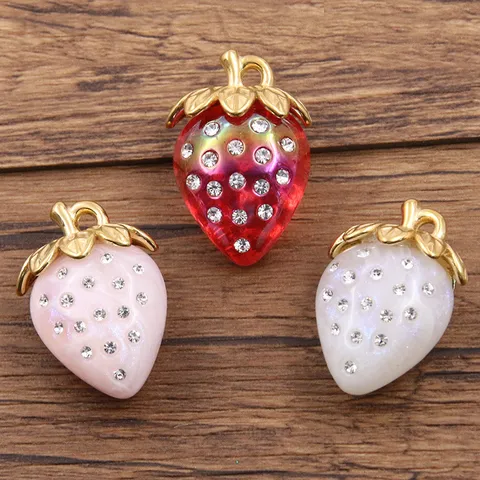 Colgante Abalorio de Fresa 3D Chapado en Oro de Acero Inoxidable 304 con Estrás Joyería de Fruta Linda Accesorio de Collar DIY