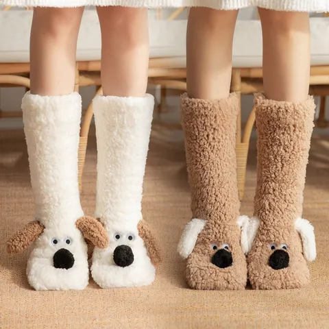 Winter Thickened Coral Fleece Warm Floor Socks Cute 3D Puppy Design Non-Slip Indoor Thermal Socks For Women