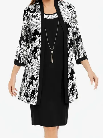 Plus Size Women Two Piece Set Elegant Floral Print Long Sleeve Cardigan And Sleeveless Dress Chic Commute Outfit