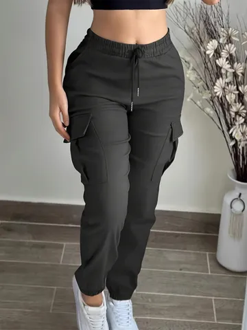 Pantaloni Cargo da Donna con Coulisse Elastico in Vita Casual Tinta Unita Multi Tasche Pantaloni Sportivi a Vita Alta in Poliestere