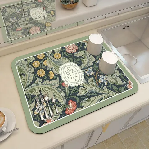 Diatom Mud Kitchen Draining Mat Absorbent Tableware Drying Mat Vintage Floral Non-Slip Mat Countertop Protector