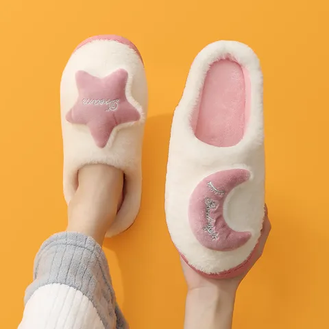 Winter Warm Plush Cotton Slippers Couples Indoor Anti-Slip Thick Sole Cute Star Moon Embroidery House Slippers