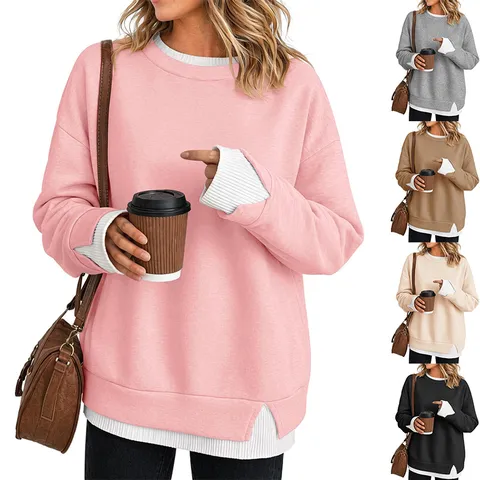 Felpa Casual con Blocco di Colore da Donna Finto Due Pezzi Manica Lunga Top Largo