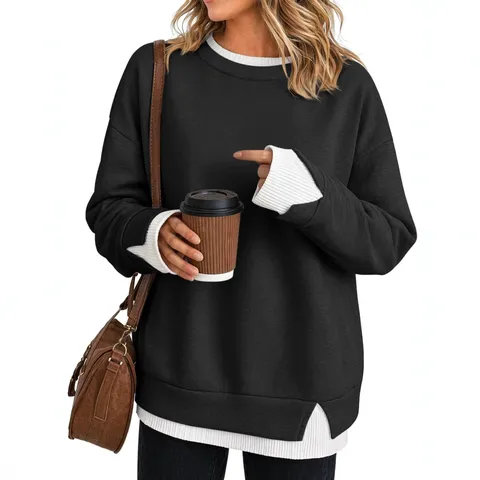 Felpa Casual con Blocco di Colore da Donna Finto Due Pezzi Manica Lunga Top Largo