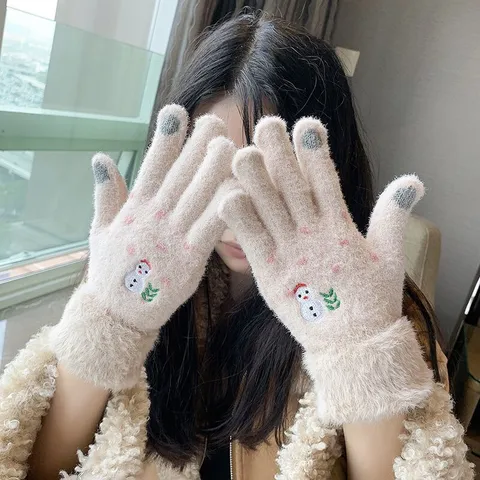 Women Winter Warm Touch Screen Gloves Cute Snowman Embroidery Knitted Fleece Lined Thickened Soft Cold Weather Mittens
