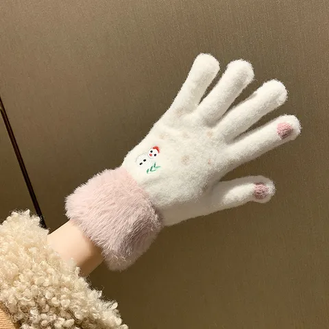 Women Winter Warm Touch Screen Gloves Cute Snowman Embroidery Knitted Fleece Lined Thickened Soft Cold Weather Mittens
