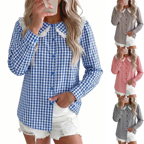Chemisier Manches Longues Plaid Col Poupée Doux pour Femmes Vintage Boutonné Haut Décontracté Ample Viscose Mode Automne