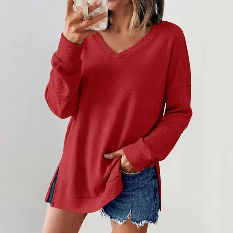 Γυναικείο Casual V-Neck Long Sleeve Waffle Knit T Shirt Solid Color Loose Pullover Top Fall Fashion Basic Blouse