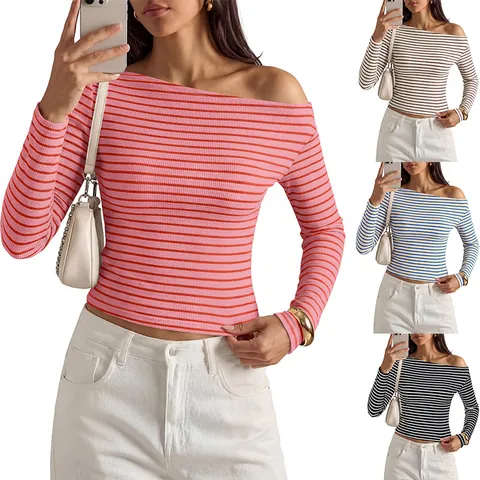 Damen Casual Viskose-Polyester-Mischung Gestreift Schräger Kragen Langarm T-Shirt Basic Loose Fit Pullover Top