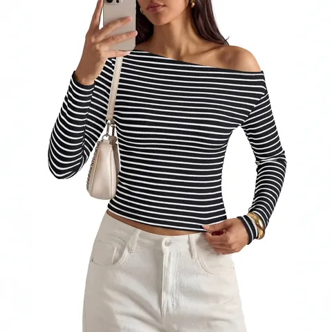 Damen Casual Viskose-Polyester-Mischung Gestreift Schräger Kragen Langarm T-Shirt Basic Loose Fit Pullover Top