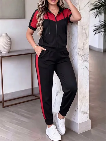 Women Fashion Tracksuit Hooded Zipper Top And Bottom Striped Side Straight Pants Two Piece Sporty Jogger Set Polyester Apparel