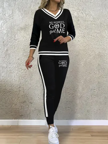 Damen Lässiges Zweiteiliges Set V-Ausschnitt Langarm Oberteil Und Elastischer Bund Lange Hose Mode Buchstabe Druck Outfit