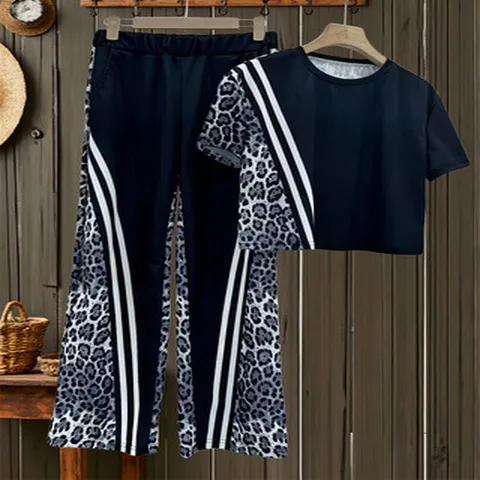 Women Casual Leopard Print Short Sleeve T Shirt And High Waist Straight Leg Pants Set Fashion Outfit