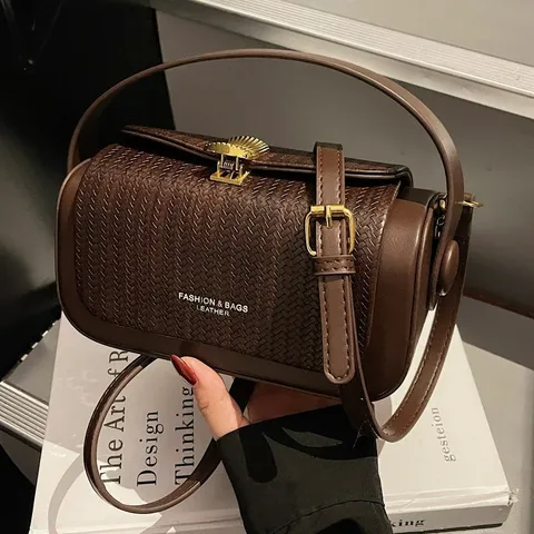 Womens PU Leather Woven Crossbody Bag Vintage Chic Shoulder Bag Fashion Commuter Handbag Casual Pillow Shape Purse
