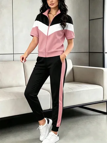 Set Sportivo Casual da Donna Top a Maniche Corte con Cerniera e Pantaloni Jogger Tuta Color Block per Primavera Estate Abbigliamento Donna
