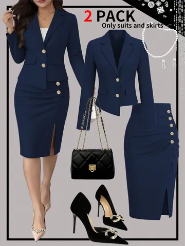 Women OL Business Knitted Blazer And Skirt Set Long Sleeve Slim Fit Jacket Midi Skirt Top And Bottom Professional Office Suit