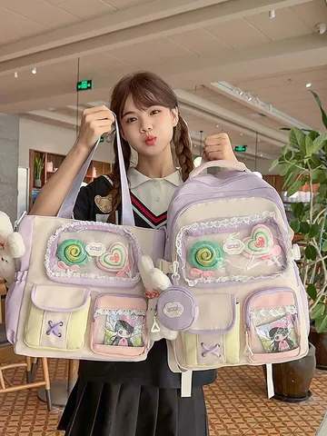 Süßer Kontrast Farbblock Nylon Rucksack Multi Fächer Preppy Schultasche Für Teenager Mädchen Junior High Schüler Lässiger Tagesrucksack