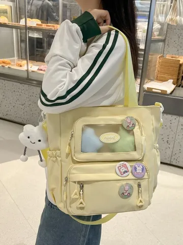 Süßer Einfarbiger Nylon Rucksack Für Schüler Transparentes Fenster Ita Bag Lässiger Wasserdichter Schulrucksack Tragtasche Set Mädchen