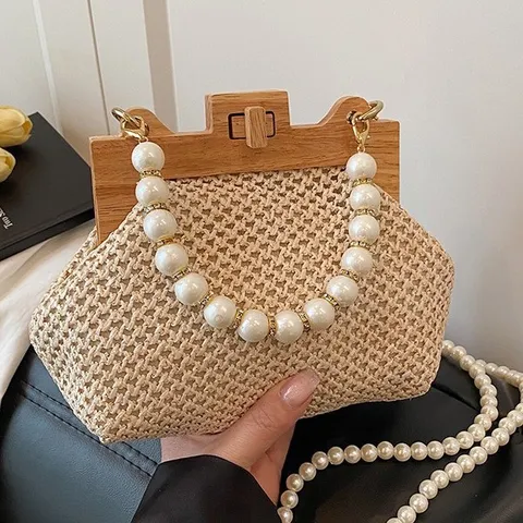 Femme Été Plage Paille Tissé Sac Vintage Cadre en Bois Perle Artificielle Chaîne Poignée Sac à Main Décontracté Sac Bandoulière