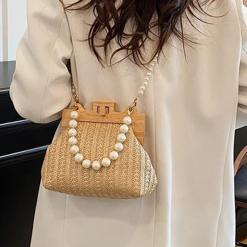 Femme Été Plage Paille Tissé Sac Vintage Cadre en Bois Perle Artificielle Chaîne Poignée Sac à Main Décontracté Sac Bandoulière