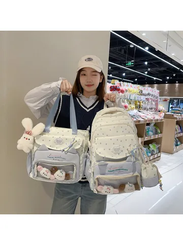 Kawaii Japanischer Ita Bag Schulrucksack für Mädchen Süßer Stern Herz Bedruckter Rucksack mit Großer Kapazität Nylon Set