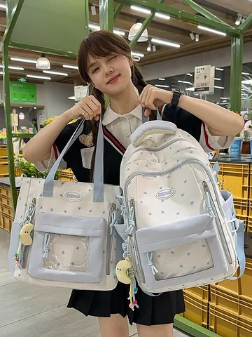 Preppy Schule Nylon Wasserabweisend Sternenmuster Rucksack Mit Transparenter Tasche Schultasche Mit Mehreren Fächern Für Schüler