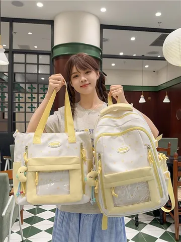 Preppy Schule Nylon Wasserabweisend Sternenmuster Rucksack Mit Transparenter Tasche Schultasche Mit Mehreren Fächern Für Schüler