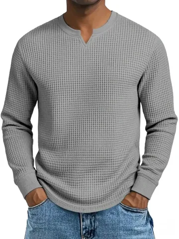 Ανδρικό Casual T-Shirt Πλέξη Βάφλα Μακρυμάνικο Λαιμόκοψη V Στενή Γραμμή Μονόχρωμο Φθινόπωρο Άνοιξη Εσωτερική Μπλούζα