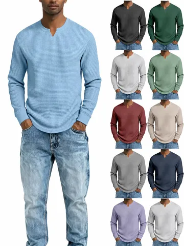 Ανδρικό Casual T-Shirt Πλέξη Βάφλα Μακρυμάνικο Λαιμόκοψη V Στενή Γραμμή Μονόχρωμο Φθινόπωρο Άνοιξη Εσωτερική Μπλούζα