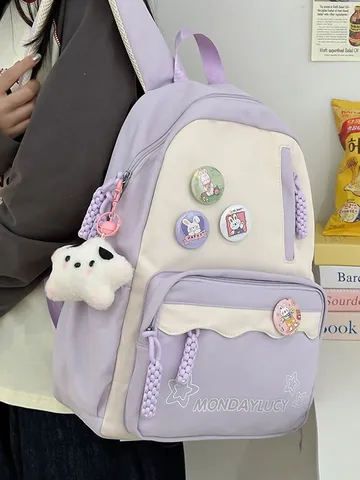 Japanischer Ins-Stil Rucksack Große Kapazität Für Mädchen Süße Kontrastfarbe Nylon Schultasche Mit Abzeichen Und Anhänger Lässiger Reiserucksack