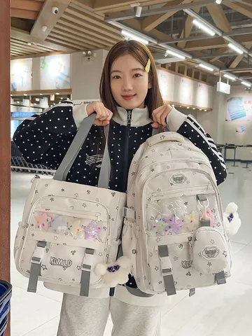 Süß Stern Bedruckt Nylon Schüler Schule Rucksack Set Große Kapazität Farbblockierung Transparente Tasche Fenster Schultasche Für Kinder Mädchen