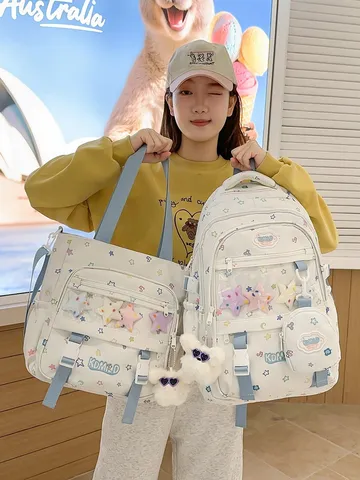 Süß Stern Bedruckt Nylon Schüler Schule Rucksack Set Große Kapazität Farbblockierung Transparente Tasche Fenster Schultasche Für Kinder Mädchen