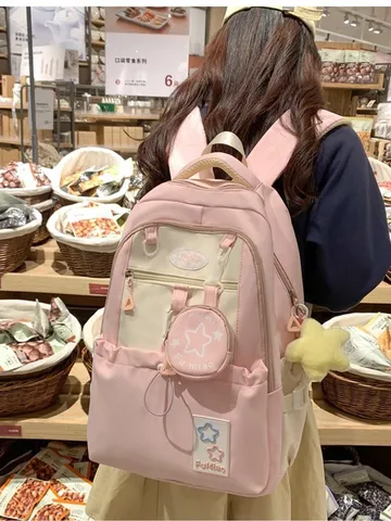 Koreanischer Ins Preppy Stil Farbblock Nylon Rucksack Für Junior High School Schüler Mädchen Süße Leichte Schultasche