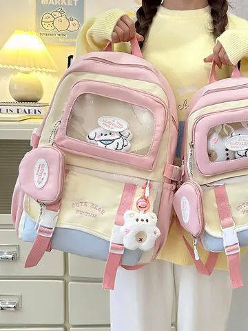 Süße Ita Bag Rucksack Kontrastfarbe Schultasche Für Kinder Mit Transparentem Fenster Für Abzeichen Süßer Stil Nylon Studenten Rucksack