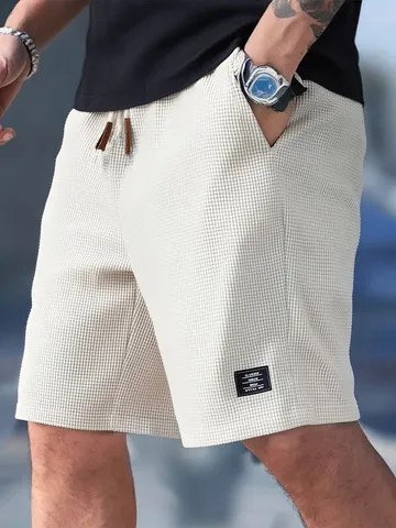 Herren Waffelmuster Casual Shorts Polyester-Baumwoll-Mischung Kordelzug Locker Mittellang Hose Sommer Atmungsaktive Unterteile Für Den Alltag