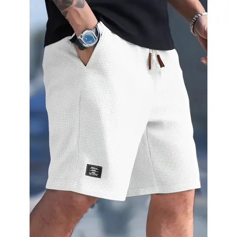 Men's Casual Corduroy Shorts Waffle Knit Sports Five Point Pants With Drawstring For Outdoor Fitness Exercise Running
