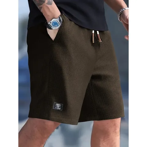 Men's Casual Corduroy Shorts Waffle Knit Sports Five Point Pants With Drawstring For Outdoor Fitness Exercise Running