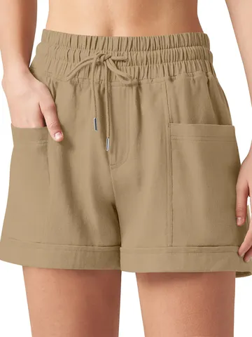Women's Casual Cotton Linen Cargo Shorts Elastic Waist Drawstring Pockets Breathable Loose Fit Running Fitness Shorts Streetwear