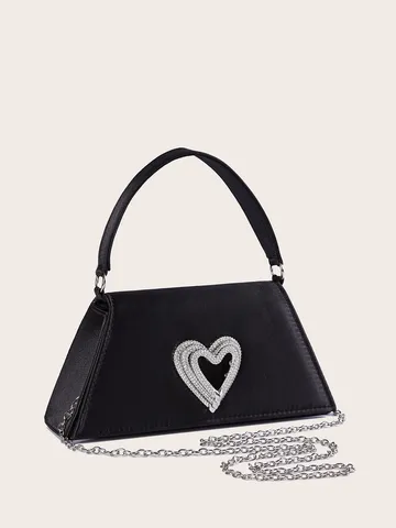 Damen Elegant Herzförmig Strass Abendtasche Luxus Polyester Satin Bankett Clutch Handtasche Für Party Valentinstag Geschenk Schwarz