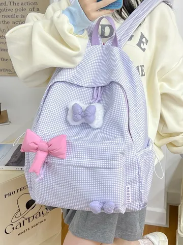 Nylon Karo Rucksack Für Mädchen Schüler Süße Schleife Wasserdicht Leicht Mittelstufe Grundschule Schüler Rucksack