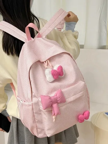 Nylon Karo Rucksack Für Mädchen Schüler Süße Schleife Wasserdicht Leicht Mittelstufe Grundschule Schüler Rucksack