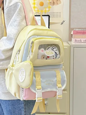 Süße Ita Bag Rucksack Kontrastfarbe Schultasche Für Kinder Mit Transparentem Fenster Für Abzeichen Süßer Stil Nylon Studenten Rucksack