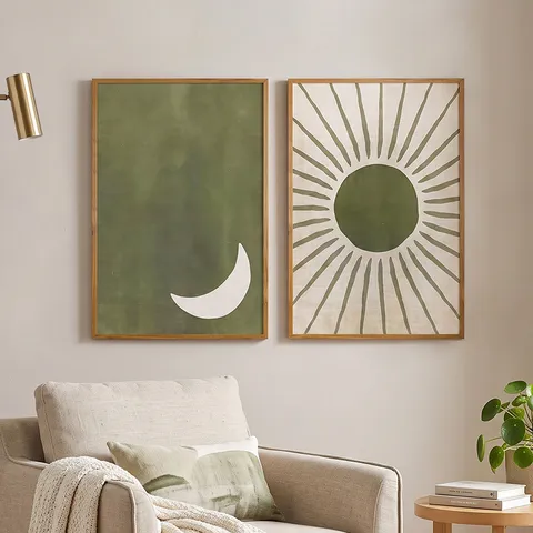 Arte de Pared Lienzo Sol Luna Bohemio Marco PS Pintura Línea Abstracta para Sala de Estar Dormitorio Decoración Pared
